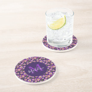 Chic Floral Stiefmütterchens Muster Lila Monogramm Getränkeuntersetzer