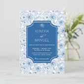 Chic Floral Toile French Blue Wedding Einladung (Stehend Vorderseite)
