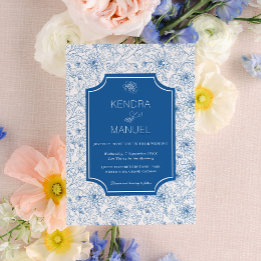 Chic Floral Toile French Blue Wedding Einladung