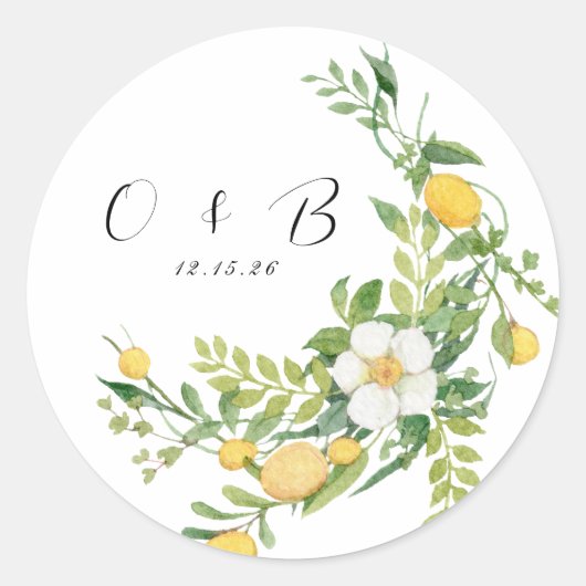 Chic Floral und Lemon Greenerenery Monogram Weddin Runder Aufkleber (Vorderseite)