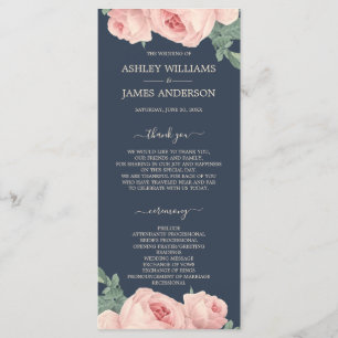 Chic Floral Vintag Pink Rose Dark Blue Wedding Programm