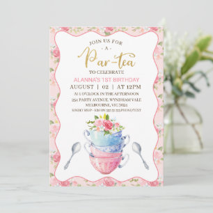 Chic Floral Wave Teacups 1. Geburtstag Tee Party Einladung