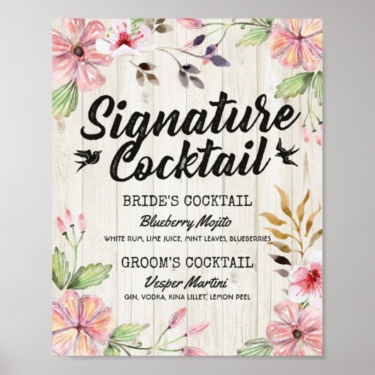 Chic Floral Wedding Signature Cocktail Drink Menü Poster (Vorne)