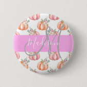 Chic Floral White Pink Peach Pumpkin Monogram Name Button (Vorderseite)