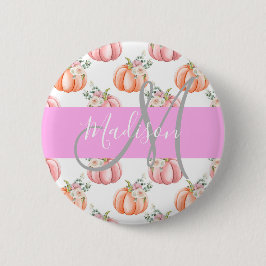 Chic Floral White Pink Peach Pumpkin Monogram Name Button