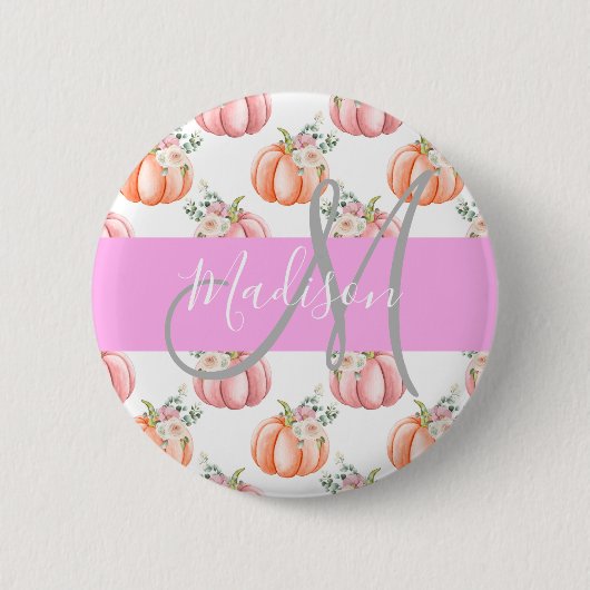 Chic Floral White Pink Peach Pumpkin Monogram Name Button (Vorderseite)