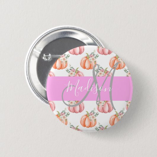 Chic Floral White Pink Peach Pumpkin Monogram Name Button (Vorne & Hinten)