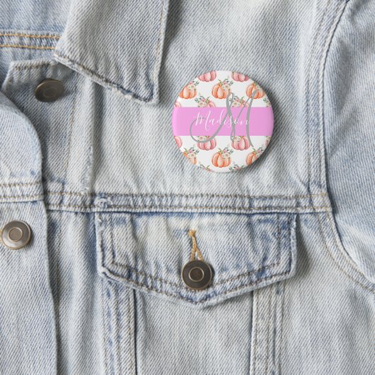 Chic Floral White Pink Peach Pumpkin Monogram Name Button (Beispiel)