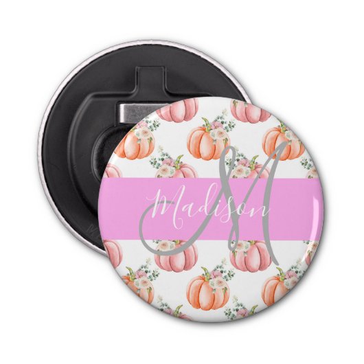 Chic Floral White Pink Peach Pumpkin Monogram Name Flaschenöffner (Vorderseite)