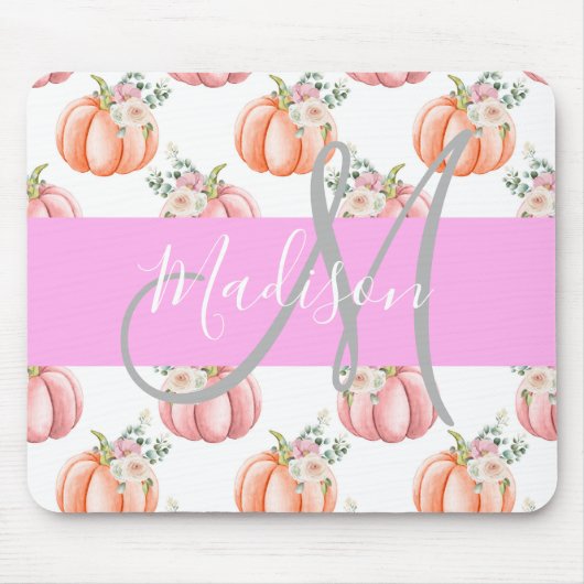 Chic Floral White Pink Peach Pumpkin Monogram Name Mousepad (Vorne)