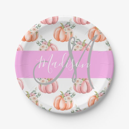 Chic Floral White Pink Peach Pumpkin Monogram Name Pappteller (Vorderseite)