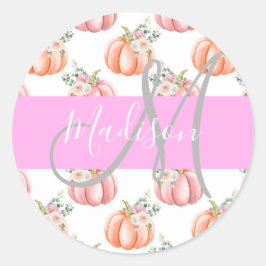 Chic Floral White Pink Peach Pumpkin Monogram Name Runder Aufkleber
