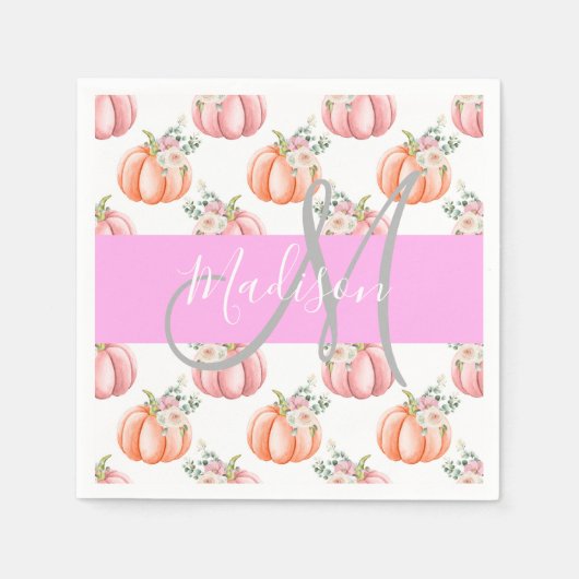Chic Floral White Pink Peach Pumpkin Monogram Name Serviette (Vorderseite)