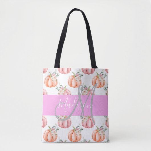 Chic Floral White Pink Peach Pumpkin Monogram Name Tasche (Vorderseite)