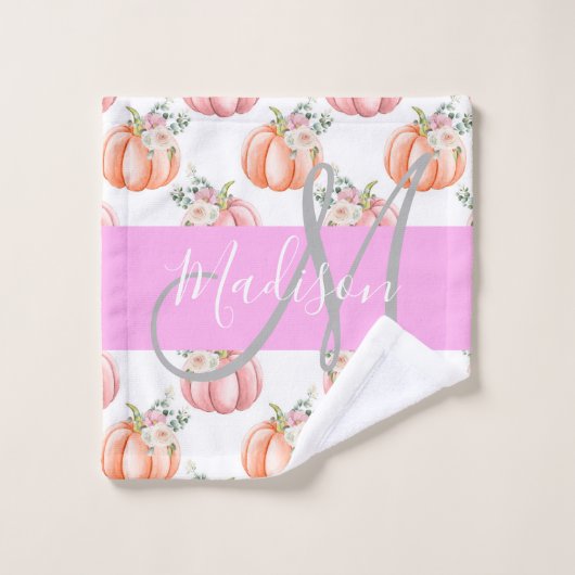 Chic Floral White Pink Peach Pumpkin Monogram Name Waschlappen (Waschlappen)