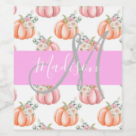 Chic Floral White Pink Peach Pumpkin Monogram Name Weinetikett