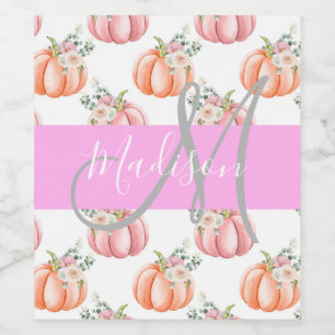 Chic Floral White Pink Peach Pumpkin Monogram Name Weinetikett
