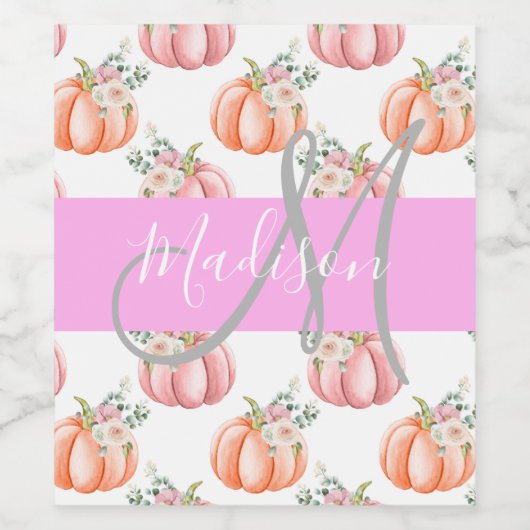 Chic Floral White Pink Peach Pumpkin Monogram Name Weinetikett (Einzelnes Label)