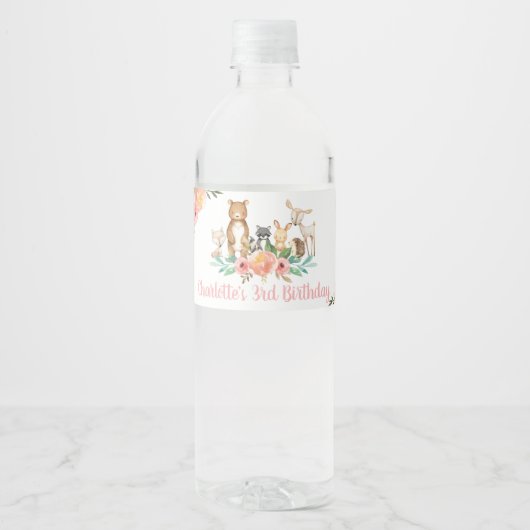 Chic Floral Woodland Animals Baby Dusche Geburtsta Wasserflaschenetikett (Vorderseite)