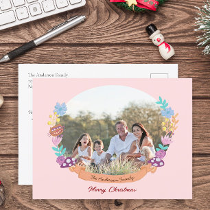 Chic Floral Wreath Blush Pink Weihnachts-Foto Feiertagspostkarte