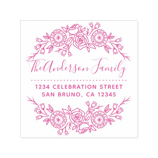 Chic Floral Wreath | Fuchsia Script-Rücksendeadres Permastempel (Design)