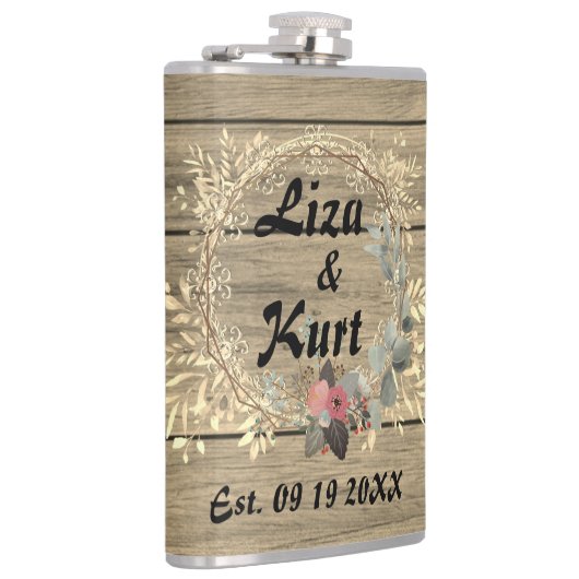 Chic Floral Wreath Rustic Wedding Flachmann (Rechts)