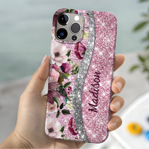 Chic florales glitzerndes Lila rosa silbernes Mono Case-Mate iPhone 14 Hülle