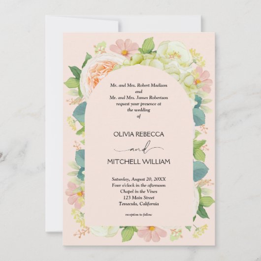 Chic Florals Blush Pink Wedding All in One Einladung (Vorderseite)