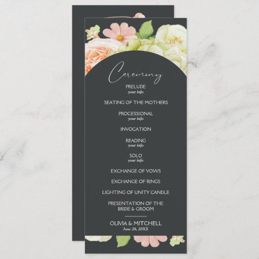 Chic Florals Dark Wedding Zeremonie Programm (Vorne/Hinten)