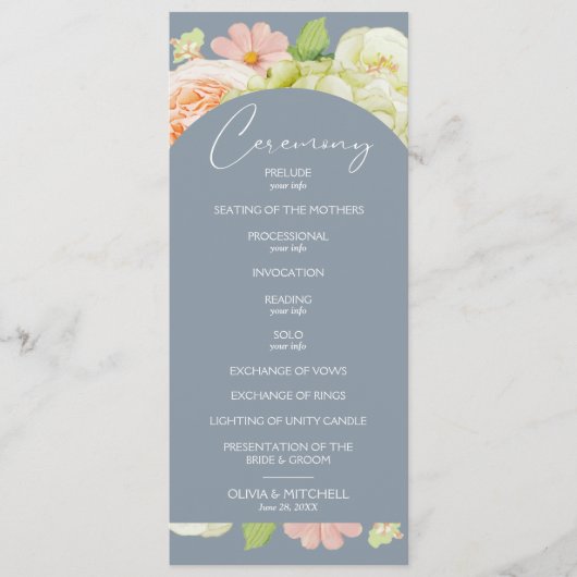 Chic Florals Dusty Blue Wedding Zeremonie Programm (Vorderseite)