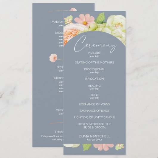 Chic Florals Dusty Blue Wedding Zeremonie Programm (Vorne/Hinten)