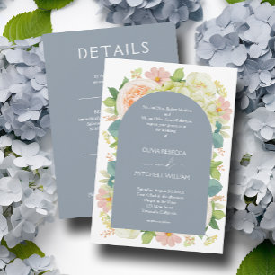 Chic Florals Wedding All in One Dusty Blue Einladung