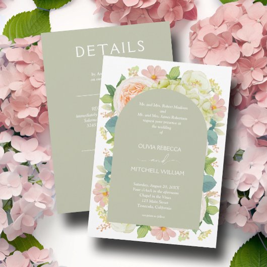 Chic Florals Wedding All in One Sage Green Einladung