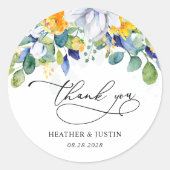 Chic florgelb blauen Hochzeitsmonogramm danke Runder Aufkleber (Vorderseite)