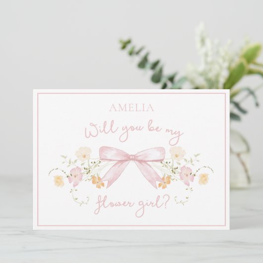Chic Flower Girl Vorschlag mit Bow und Name Rosa Karte (Stehend Vorderseite)