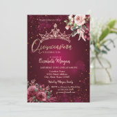 Chic Flowers Crown Red Quinceañera   Einladung (Stehend Vorderseite)