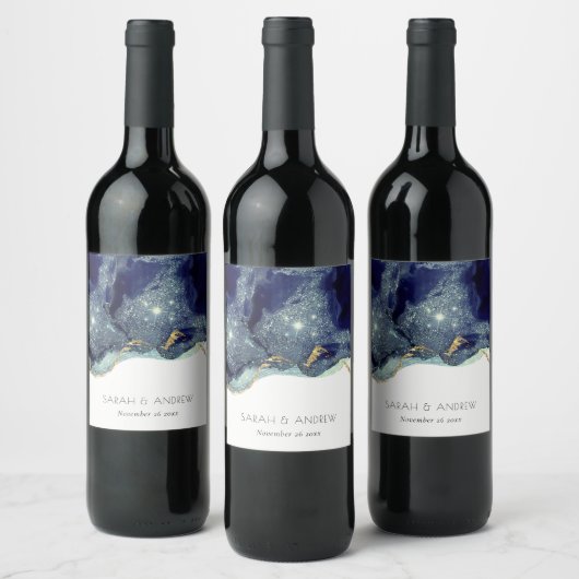 Chic Fluid Abstrakt Ink Gold Navy Glitzer Hochzeit Weinetikett (Flaschen)