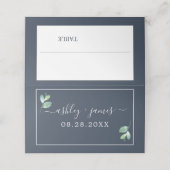 Chic Foliage Dark Blue Custom Wedding Platzkarte (Außenseite Aufgefaltet)