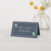 Chic Foliage Dark Blue Custom Wedding Platzkarte (Vorderseite)