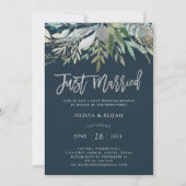 Chic Foliage | Dark Blue Just Married Einladung (Vorderseite)