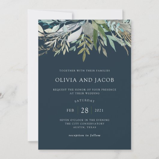 Chic Foliage | Dark Blue Wedding Einladung (Vorderseite)