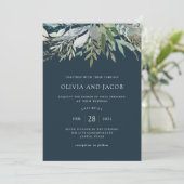 Chic Foliage | Dark Blue Wedding Einladung (Stehend Vorderseite)