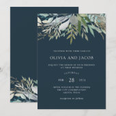 Chic Foliage | Dark Blue Wedding Einladung (Vorne/Hinten)