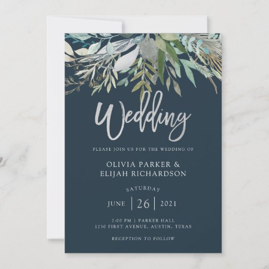 Chic Foliage | Dark Blue Wedding Einladung (Vorderseite)