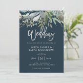 Chic Foliage | Dark Blue Wedding Einladung (Stehend Vorderseite)