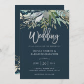 Chic Foliage | Dark Blue Wedding Einladung (Vorne/Hinten)