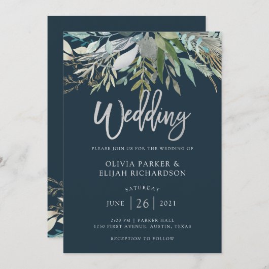 Chic Foliage | Dark Blue Wedding Einladung (Vorne/Hinten)