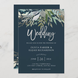 Chic Foliage | Dark Blue Wedding Einladung
