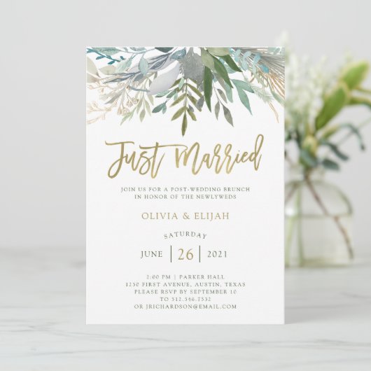 Chic Foliage | Just Married Einladung (Stehend Vorderseite)