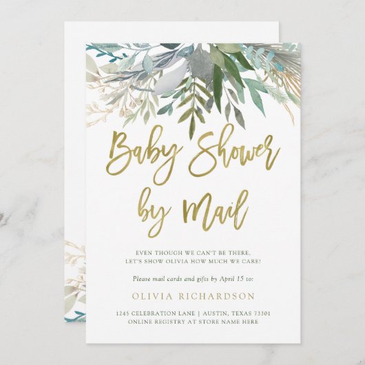 Chic Foliage| Kinderdusche per Mail Gold Script Einladung (Vorne/Hinten)